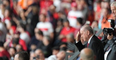 President Recep Tayyip Erdoğan gestures during the Türkiye vs. Netherlands Euro 2024 quarterfinals match, Berlin, Germany, June 6, 2024. (AA Photo)