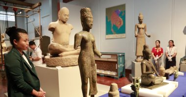 Artifacts are displayed during a handover ceremony at the National Museum in Phnom Penh, Cambodia, July 4, 2024. (EPA Photo)