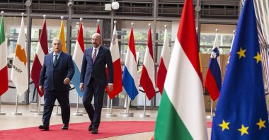 EU Council President Charles Michel (R) welcomes Hungarian Prime Minister Viktor Orban (L) prior to their meeting as Hungary takes over the EU presidency, Brussels, Belgium, July 1 2024. (EPA Photo)