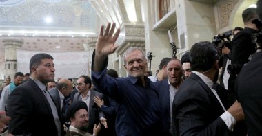 Iranian President Masoud Pezeshkian (C) greets the crowd in Tehran, Iran, July 6, 2024. (EPA Photo)