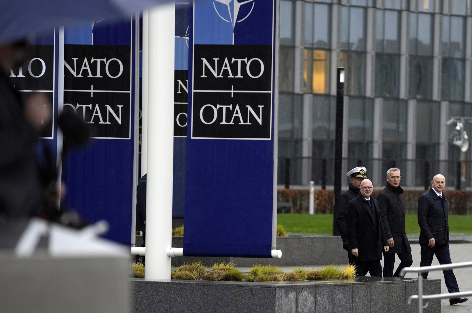 NATO Secretary General Jens Stoltenberg, second right, arrives for a wreath-laying ceremony at NATO headquarters in Brussels, on April 4, 2024. (AP File Photo)