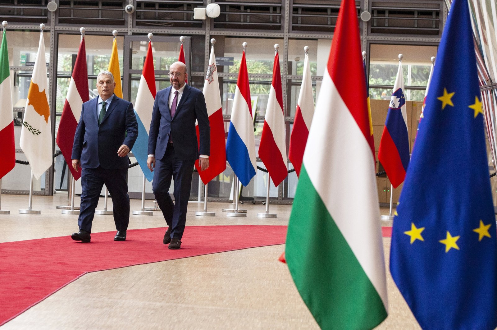 EU Council President Charles Michel (R) welcomes Hungarian Prime Minister Viktor Orban (L) prior to their meeting as Hungary takes over the EU presidency, Brussels, Belgium, July 1 2024. (EPA Photo)
