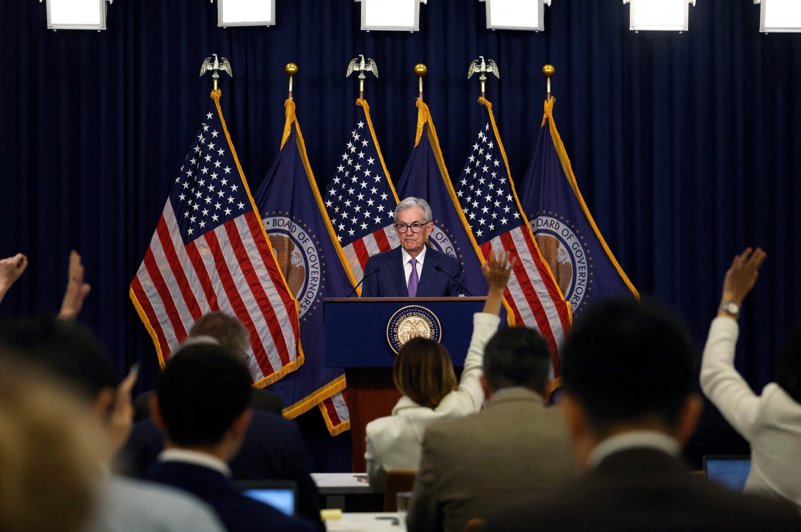 Federal Reserve Bank Chair Jerome Powell announces that interest rates will remain unchanged during a news conference at the Federal Reserves’s William McChesney Martin building, Washington, U.S., June 12, 2024. (AFP Photo)