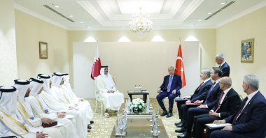 Turkish and Qatari delegations led by President Recep Tayyip Erdoğan (C-R) and Qatar's Emir Sheikh Tamim bin Hamad Al Thani (C-L) meet in Astana, Kazakhstan, July 4, 2024. (AA Photo)