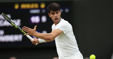 Spain's Carlos Alcaraz in action during his men's singles fourth-round match against France's Ugo Humbert at the Wimbledon Championships, Wimbledon, London, U.K., July 7, 2024. (EPA Photo)