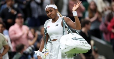 U.S.' Coco Gauff greets the crowd as she leaves the pitch after losing to Emma Navarro during their round of 16 match at the Wimbledon Championships, Wimbledon, London, U.K., July 7, 2024. (EPA Photo)
