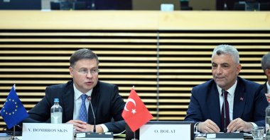 European Commission Vice President Valdis Dombrovskis (L) and Trade Minister Ömer Bolat attend the first high-level trade dialogue meeting, Brussels, Belgium, July 8, 2024. (AA Photo)