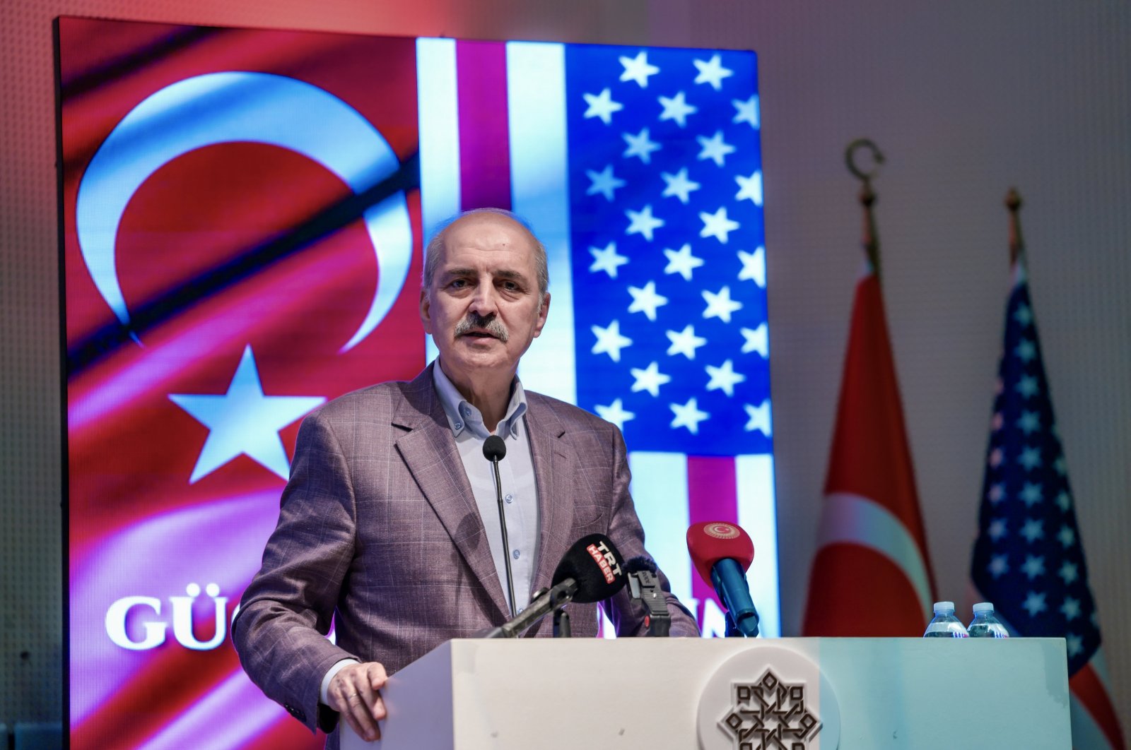 Parliament Speaker Numan Kurtulmuş speaks at the event organized by TASC, Washington, U.S., July 7, 2024. (AA Photo)