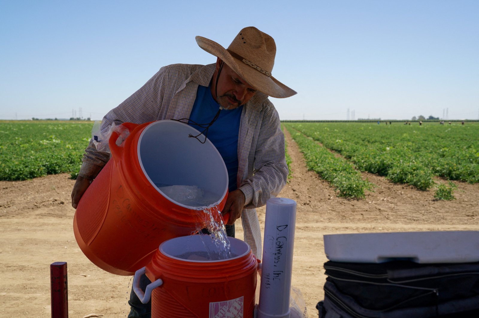 Agricultural worker Ernesto Hernandez refills a water cooler while enduring high temperatures at a tomato field, as a heat wave affects the region near Winters, California, U.S., July 13, 2023. (Reuters Photo)