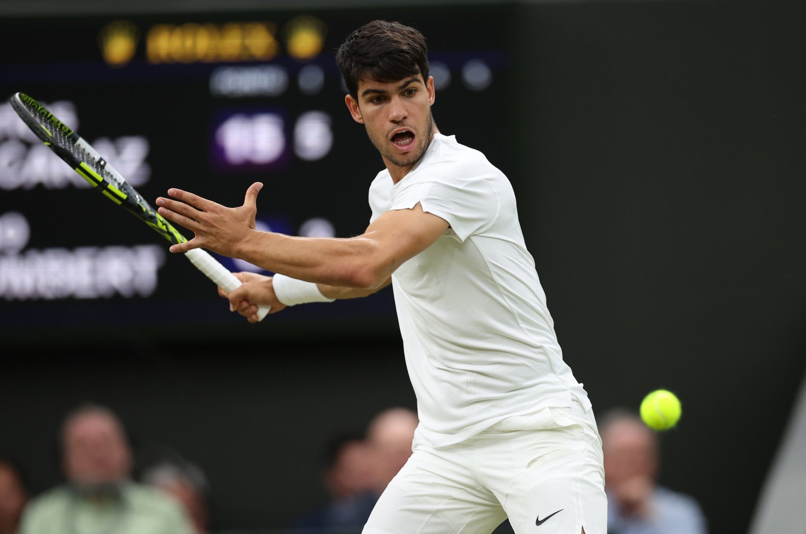 Spain&#039;s Carlos Alcaraz in action during his men&#039;s singles fourth-round match against France&#039;s Ugo Humbert at the Wimbledon Championships, Wimbledon, London, U.K., July 7, 2024. (EPA Photo)