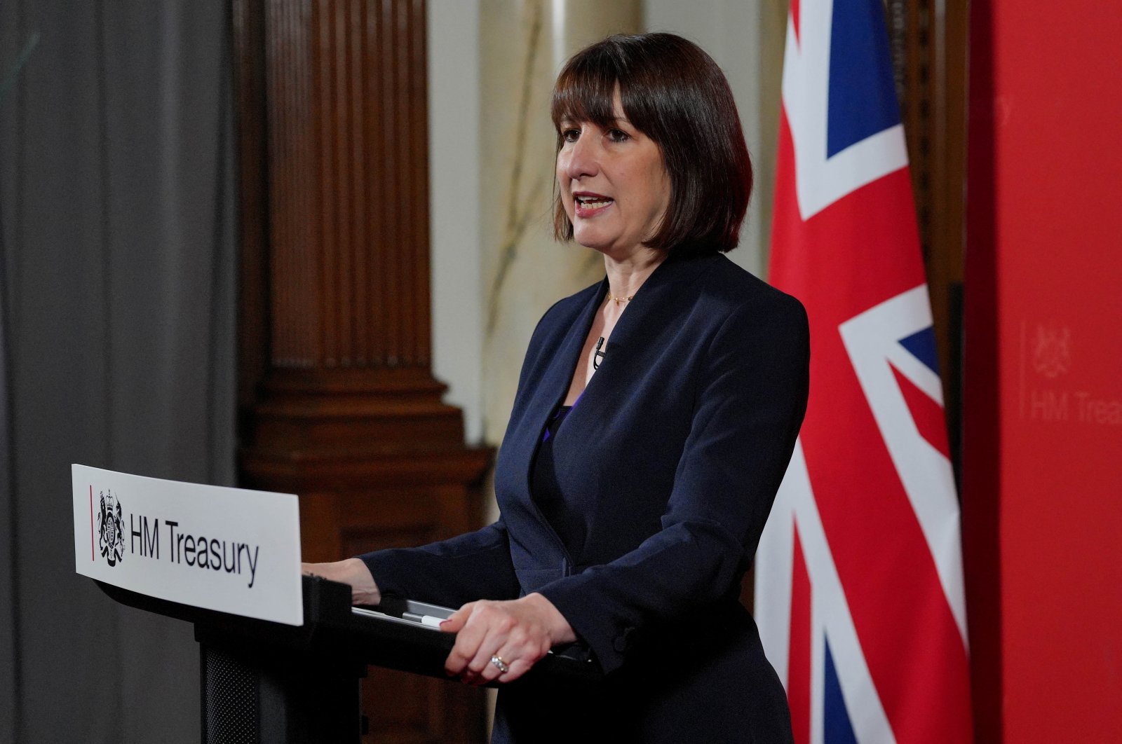 Chancellor of the Exchequer Rachel Reeves gives a speech at the Treasury in London, Britain, to an audience of leading business figures and senior stakeholders, announcing the first steps the new Government will be taking to deliver economic growth, July 8, 2024. (Reuters Photo)