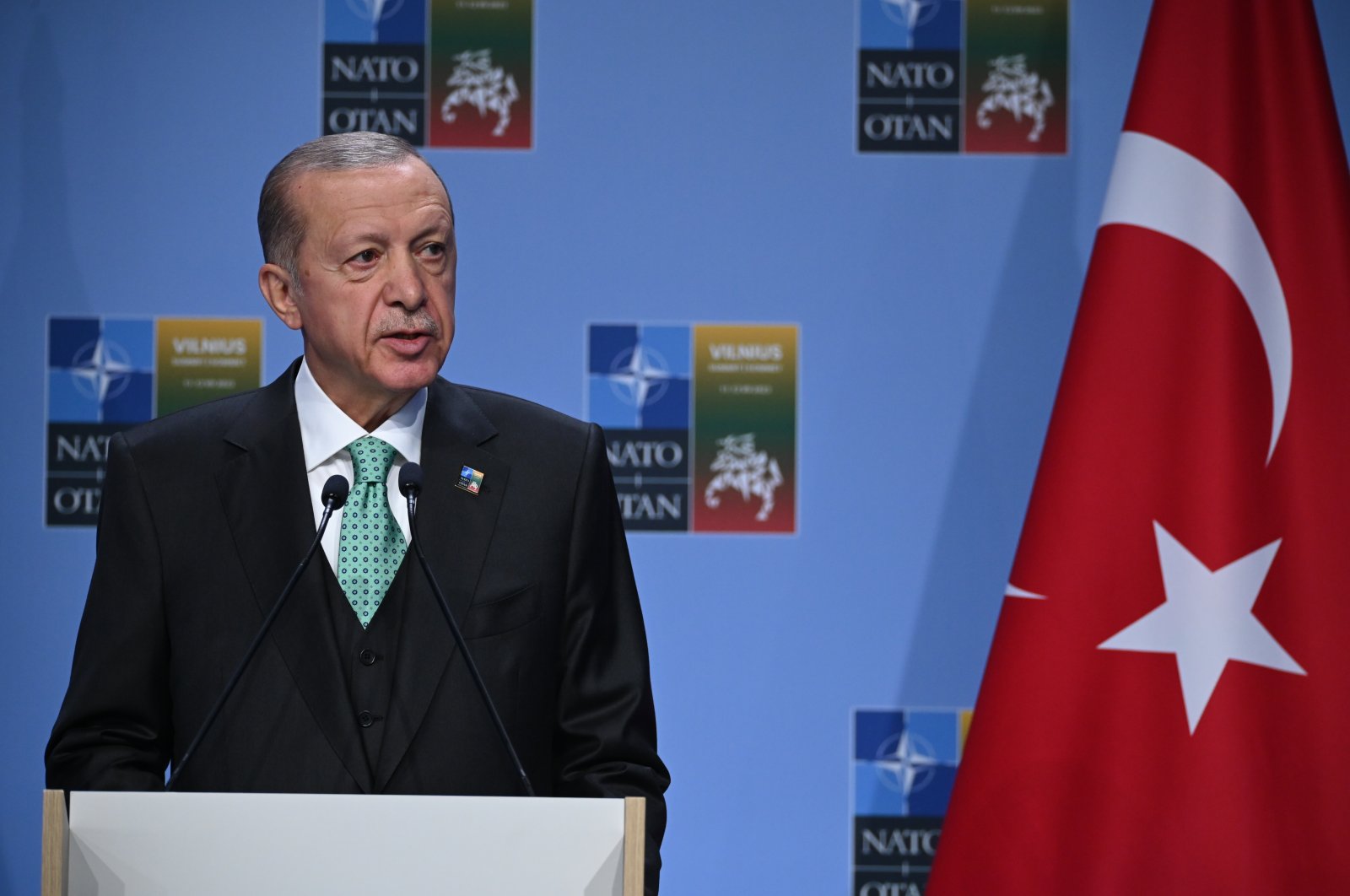 President Recep Tayyip Erdoğan during a news conference at NATO Public Forum 2023 at the Lithuanian Exhibition and Congress Center in Vilnius, July 12, 2023. (Reuters File Photo)
