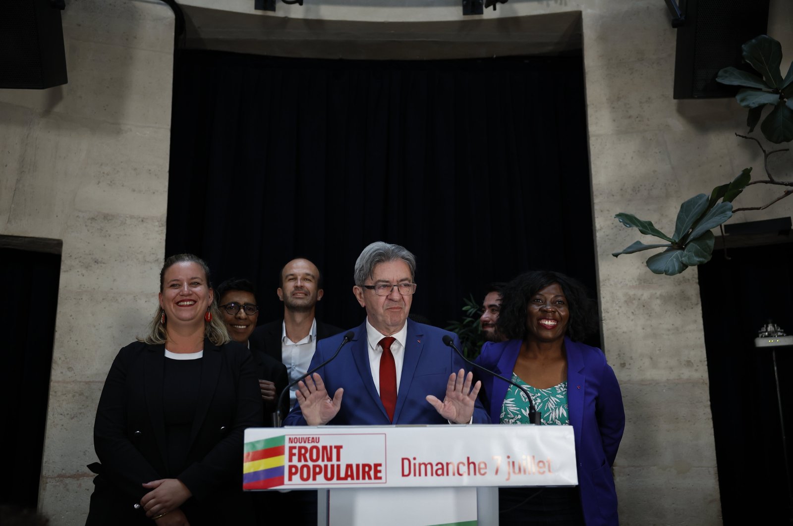  Jean-Luc Melenchon leader of La France Insoumise (LFI) reacts after the announcement of the results of the second round of the legislative elections in Paris, France, July 7, 2024. (EPA Photo)