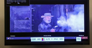 A still from a video clip displayed at the First Judicial District Courthouse shows actor Alec Baldwin, during Rust film set armorer Hannah Gutierrez-Reed&#039;s involuntary manslaughter trial at the First Judicial District Courthouse, Santa Fe, New Mexico, U.S., Feb. 29, 2024. (Reuters Photo)