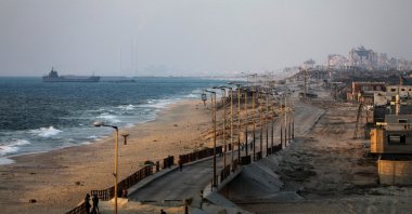  A ship is seen near a temporary floating pier previously anchored by the U.S. to boost aid deliveries in the Gaza Strip, June 27, 2024. (EPA Photo)