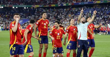 Players of Spain celebrate winning the UEFA EURO 2024 semi-finals soccer match between Spain and France in Munich, Germany, July 9, 2024. (EPA Photo)