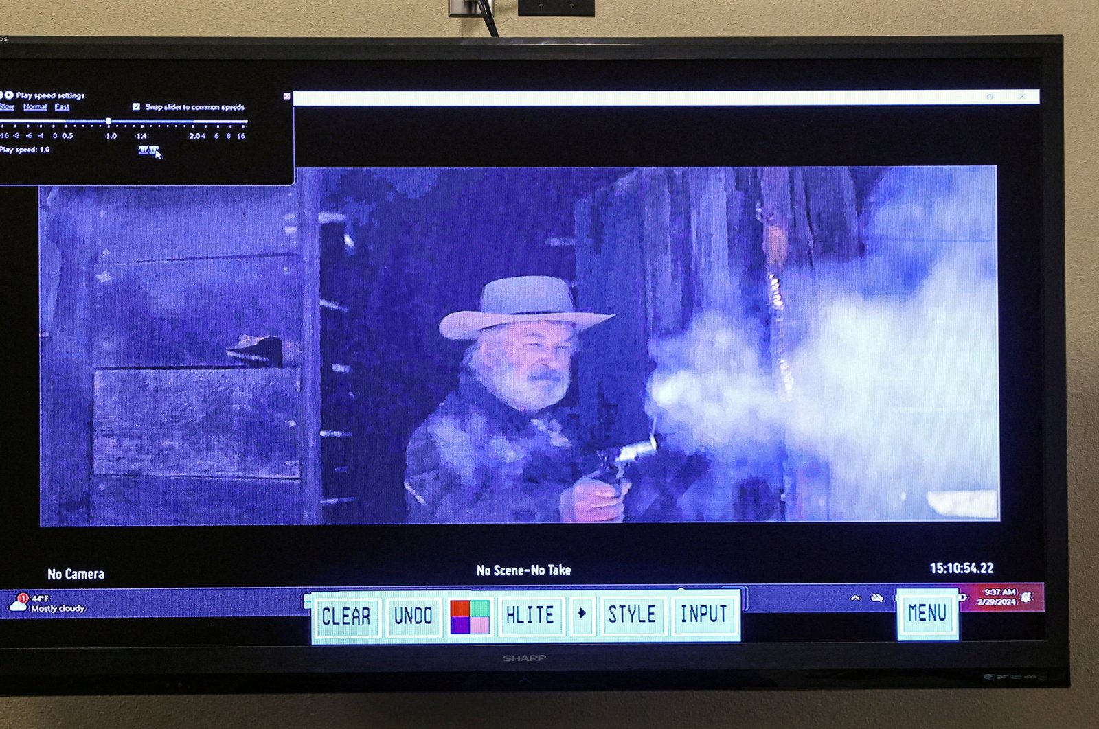 A still from a video clip displayed at the First Judicial District Courthouse shows actor Alec Baldwin, during Rust film set armorer Hannah Gutierrez-Reed&#039;s involuntary manslaughter trial at the First Judicial District Courthouse, Santa Fe, New Mexico, U.S., Feb. 29, 2024. (Reuters Photo)