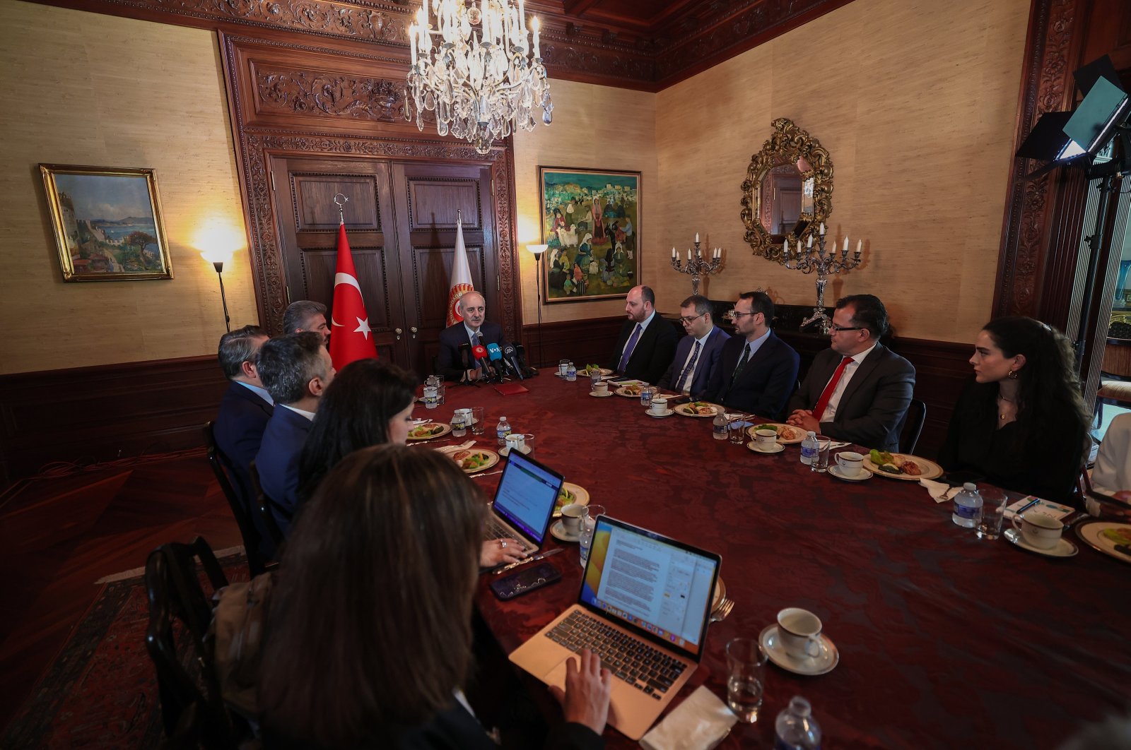 Parliament Speaker Numan Kurtulmuş speaks to reporters at the Turkish Embassy residence in Washington D.C., U.S., July 9, 2024. (AA Photo)