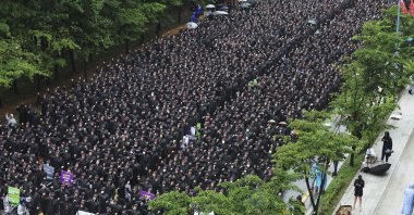Members of the National Samsung Electronics Union gather during a rally outside of Samsung Electronics' Hwaseong campus in Hwaseong, South Korea, July 8, 2024. (AP Photo)