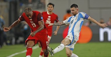 Argentina&#039;s Lionel Messi (R) in action with Canada&#039;s Derek Cornelius during the CONMEBOL Copa America 2024 semi-finals match between Argentina and Canada, East Rutherford, New Jersey, U.S., July 9, 2024. (EPA Photo)
