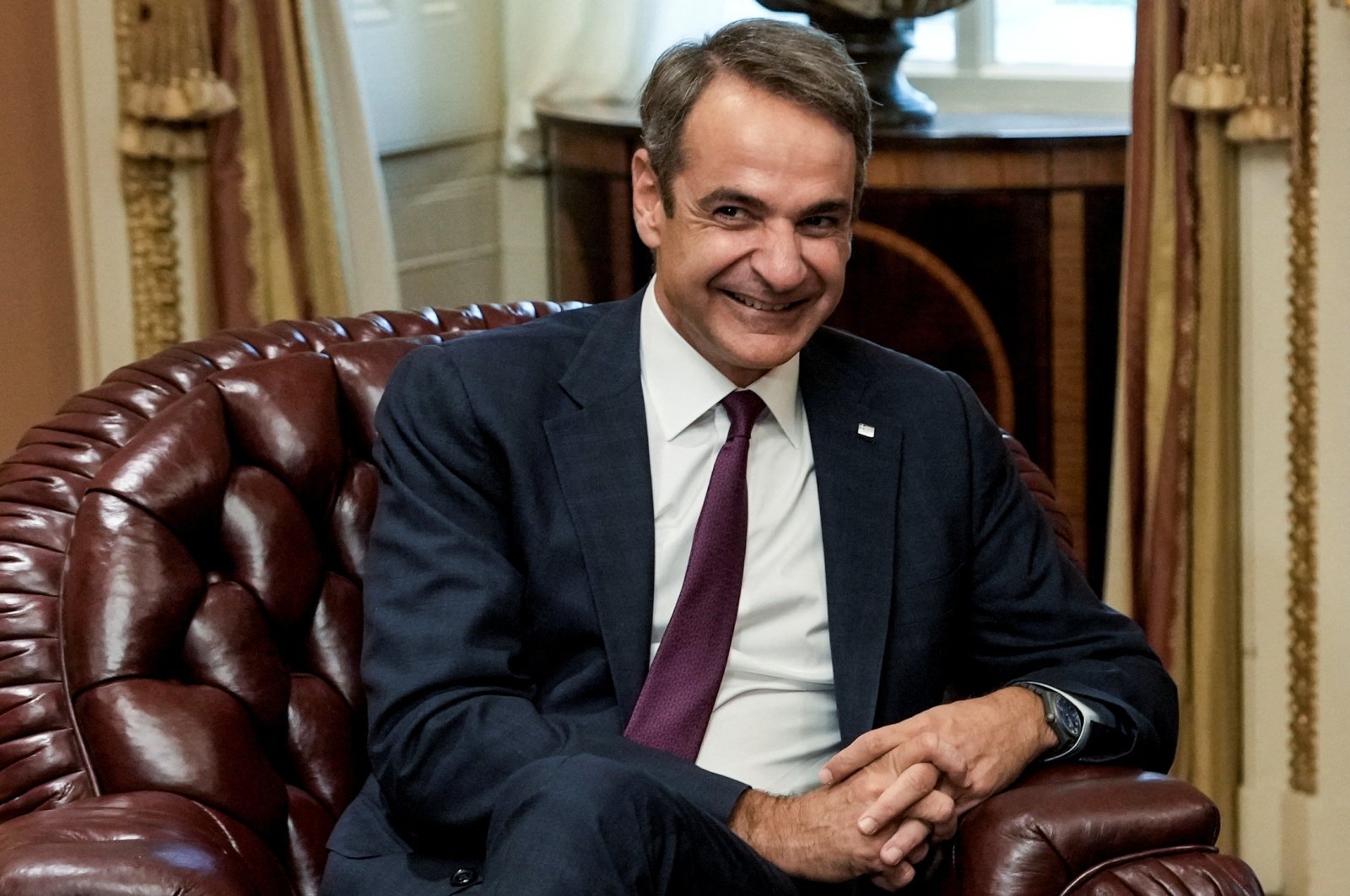Greek Prime Minister Kyriakos Mitsotakis looks on as he meets U.S. House Speaker Mike Johnson (not pictured), on the sidelines of NATO&#039;s 75th anniversary summit, Washington, U.S., July 9, 2024. (Reuters Photo)