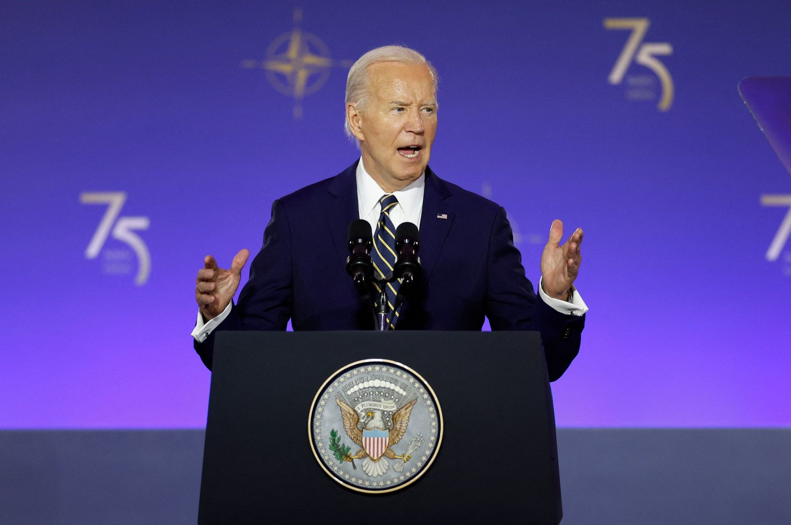U.S. President Joe Biden delivers remarks during the NATO 75th anniversary celebratory event at the Andrew Mellon Auditorium,  Washington, D.C., U.S., July 9, 2024. (AFP Photo)