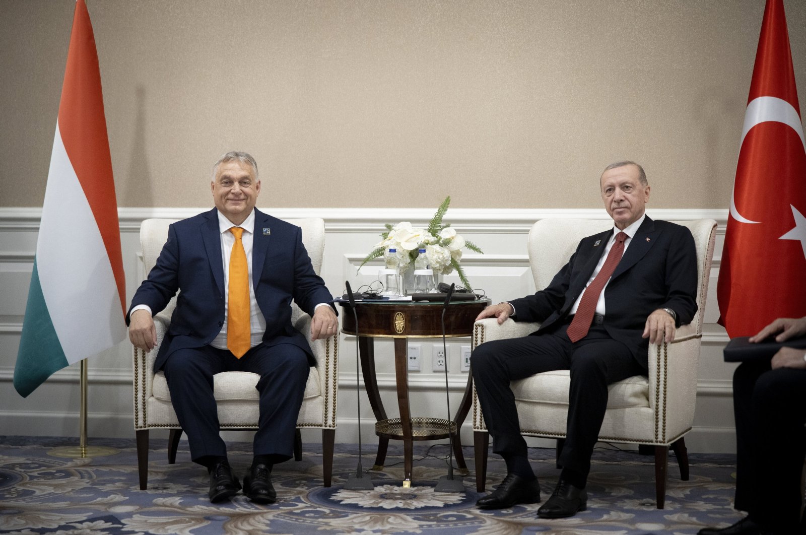 Hungarian Prime Minister Viktor Orban (L) and President Recep Tayyip Erdoğan (R) sit together at the start of their meeting on the sideline of the NATO Summit in Washington, D.C., U.S., July 9, 2024. (EPA Photo)