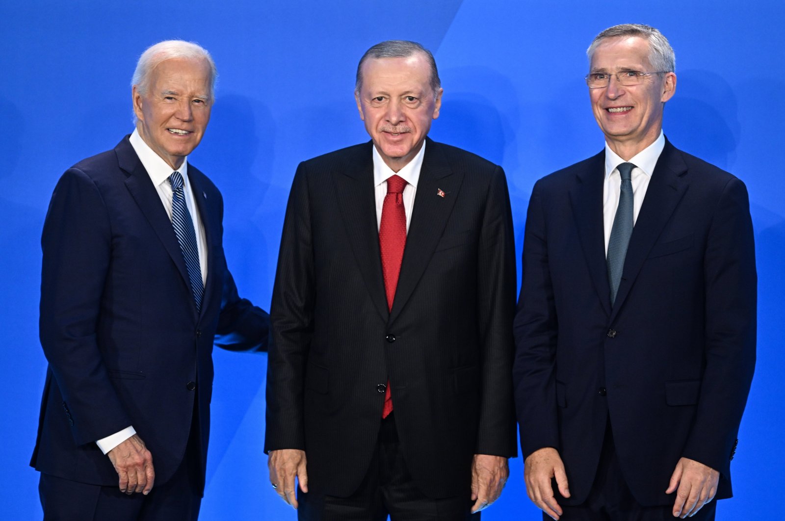 President Recep Tayyip Erdoğan stands with U.S. President Joe Biden and NATO Secretary General Jens Stoltenberg during the welcome ceremony for NATO’s 2024 annual meeting in Washington, D.C., July 10, 2024. (EPA Photo)
