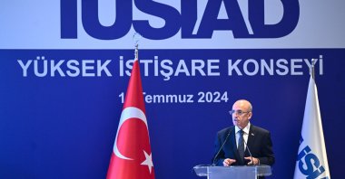 Treasury and Finance Minister Mehmet Şimşek delivers a speech at a high advisory board meeting of the Turkish Industry and Business Association (TÜSIAD), Istanbul, Türkiye, July 11, 2024. (AA Photo)