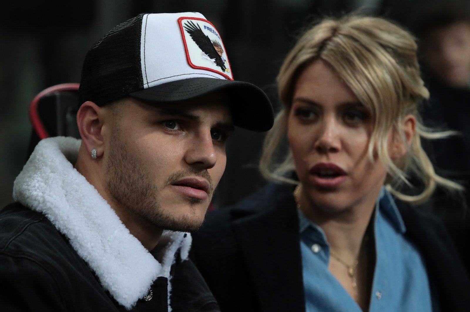 Mauro Icardi (L) and his wife Wanda Nara attend the UEFA Europa League Round of 32 Second Leg match between Inter Milan and SK Rapid Wien, Milan, Italy, Feb. 21, 2019. (Getty Images Photo)