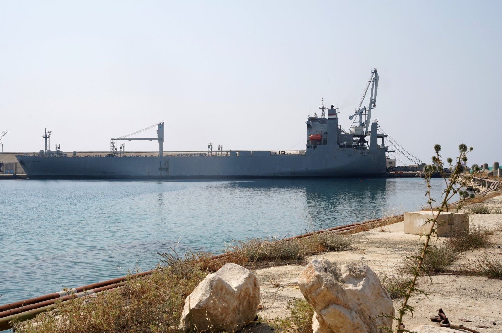 A U.S. cargo vessel taking aid for delivery into Gaza is pictured at Larnaca Port, Greek Cypriot administration, June 26, 2024. (Reuters Photo)
