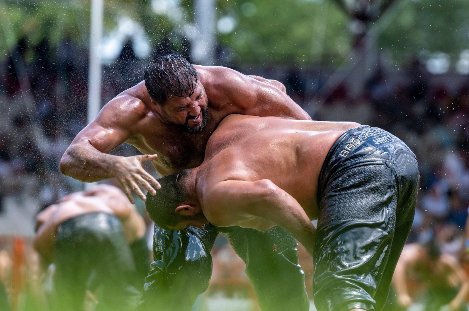 Wrestlers compete during the 663rd edition of the annual Historic Kırkpınar Oil Wrestling championship, Edirne, Türkiye, July 7, 2024. (AFP Photo)