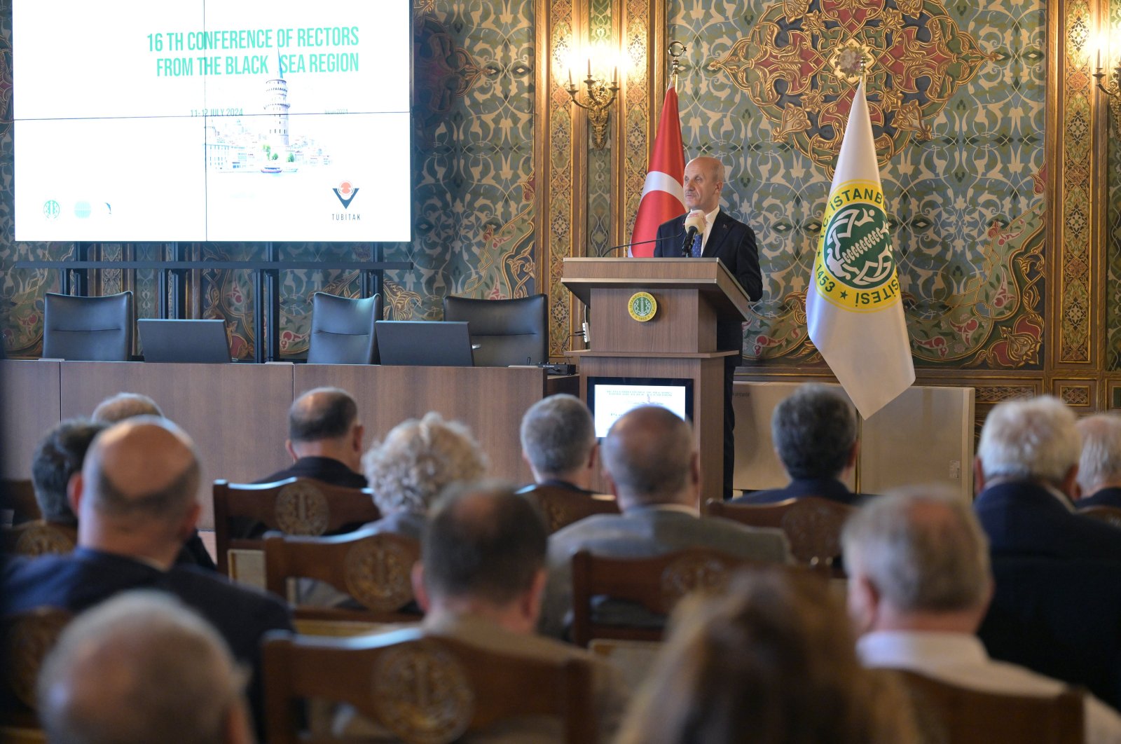 YÖK President Erol Özvar speaks at the doctoral hall of the Istanbul University rectorate building, Istanbul, Türkiye, July 11, 2024. (AA Photo)