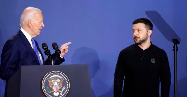 U.S. President Joe Biden (L) speaks alongside Ukraine&#039;s President Volodymyr Zelenskyy during a meeting on the sidelines of the NATO Summit in Washington, D.C., U.S., July 11, 2024. (AFP Photo)