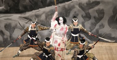 This photo provided by Shochiku shows Kabuki actor Danjuro Ichikawa playing Tomomori, a warrior who is defeated in battle, in “Hoshiawase Jusandan” at the Kabukiza Theater, Tokyo, Japan, July 1, 2024. (AP Photo)