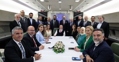 President Recep Tayyip Erdoğan on Presidential Plane with members of Turkish press accompanying him during his visit to NATO Leaders’ Summit in Washington, U.S., July 12, 2024. (AA Photo)