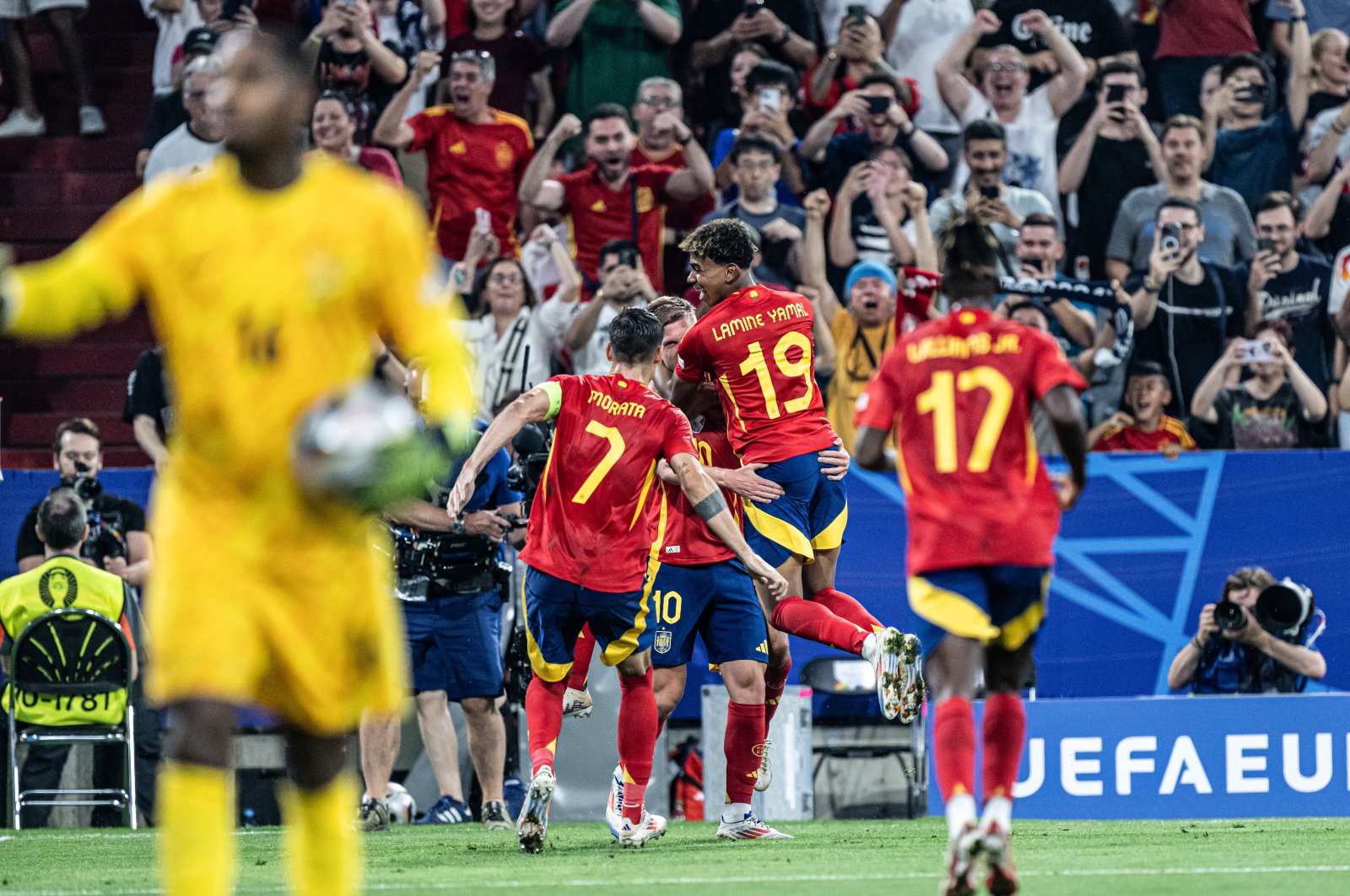 Spain players celebrate a goal during the UEFA Euro 2024 semifinal match against France at Munich Football Arena, Munich, Germany, July 9, 2024. (Getty Images Photo)