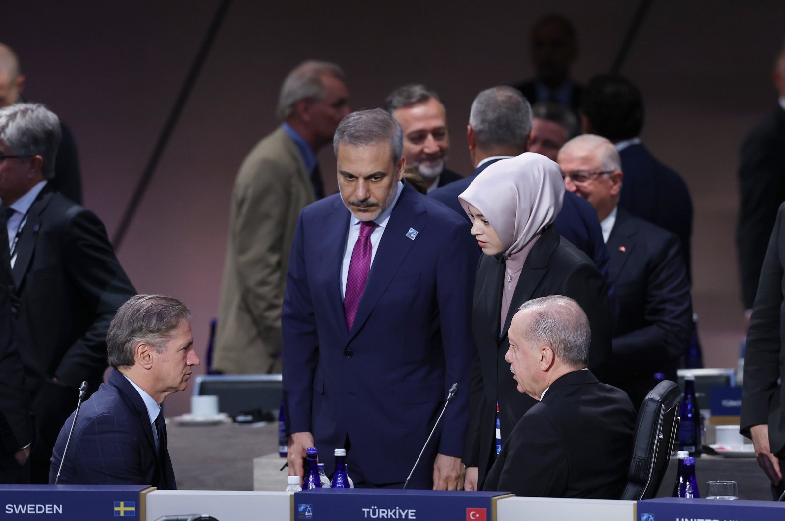 Foreign Minister Hakan Fidan (C) accompanies President Recep Tayyip Erdoğan (R) during the NATO leaders summit in Washington, U.S., July 11, 2024. (AA Photo)