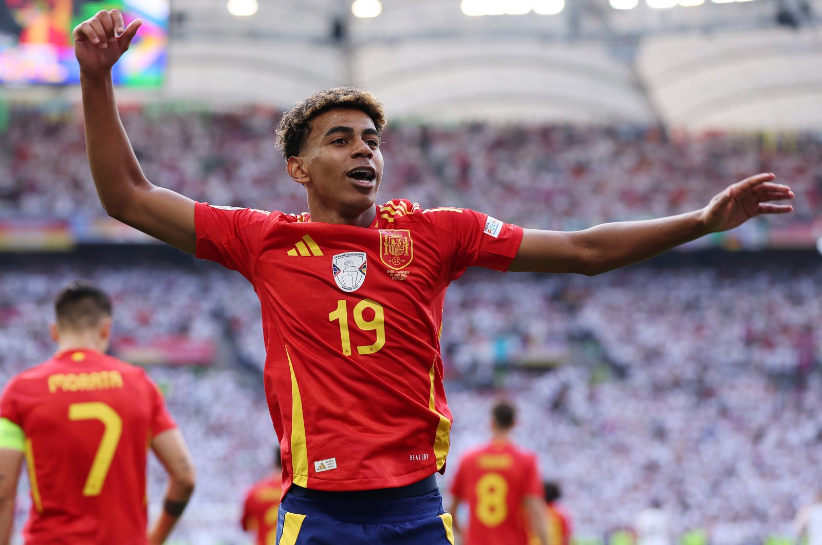 Spain&#039;s Lamine Yamal celebrates after teammate Dani Olmo scores his team&#039;s first goal during the UEFA EURO 2024 quarterfinal match between Spain and Germany at Stuttgart Arena, Stuttgart, Germany, July 5, 2024. (Getty Images Photo)