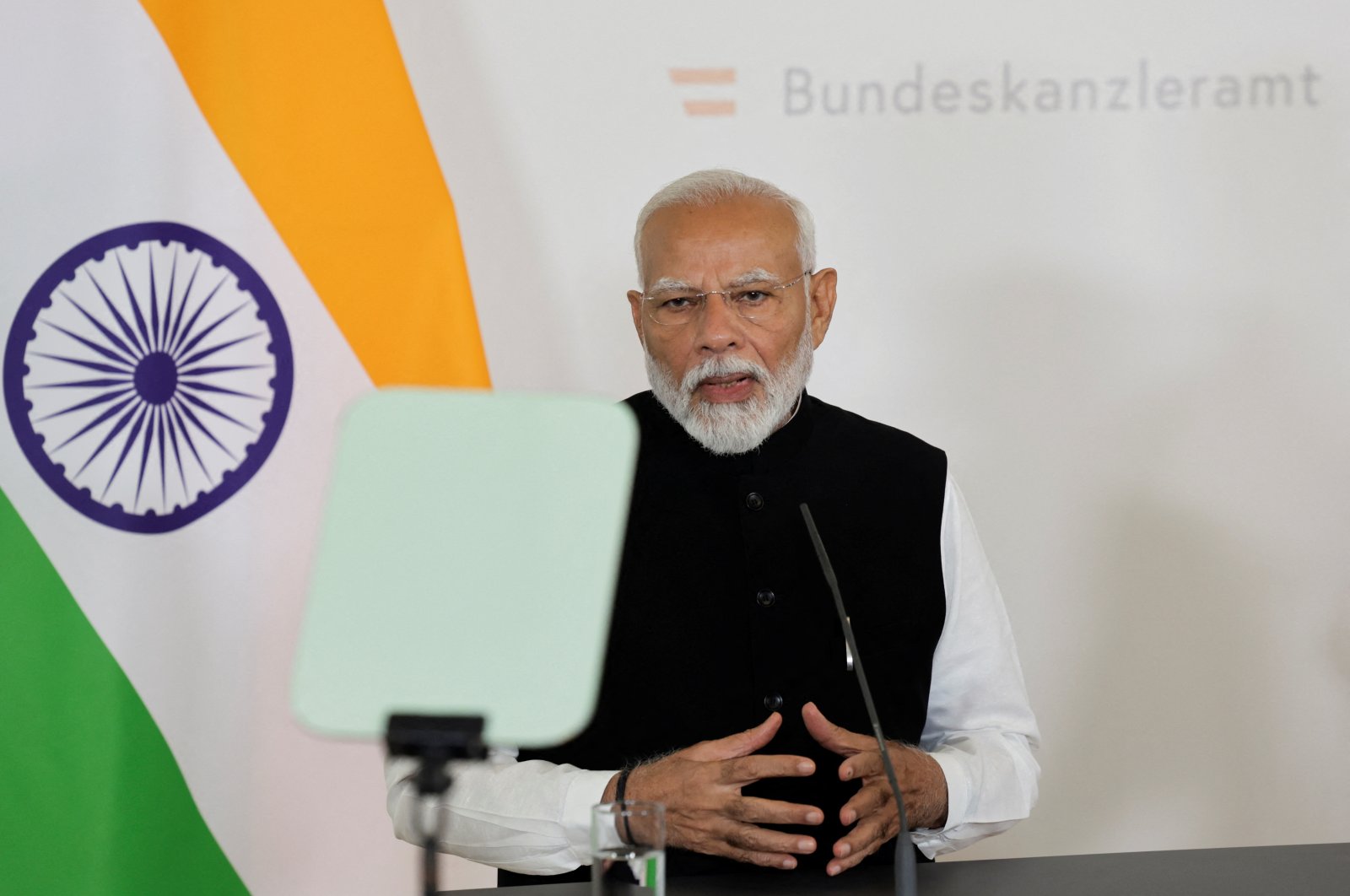 Indian Prime Minister Narendra Modi speaks during a news conference with Austrian Chancellor Karl Nehammer, Vienna, Austria, July 10, 2024. (Reuters Photo)