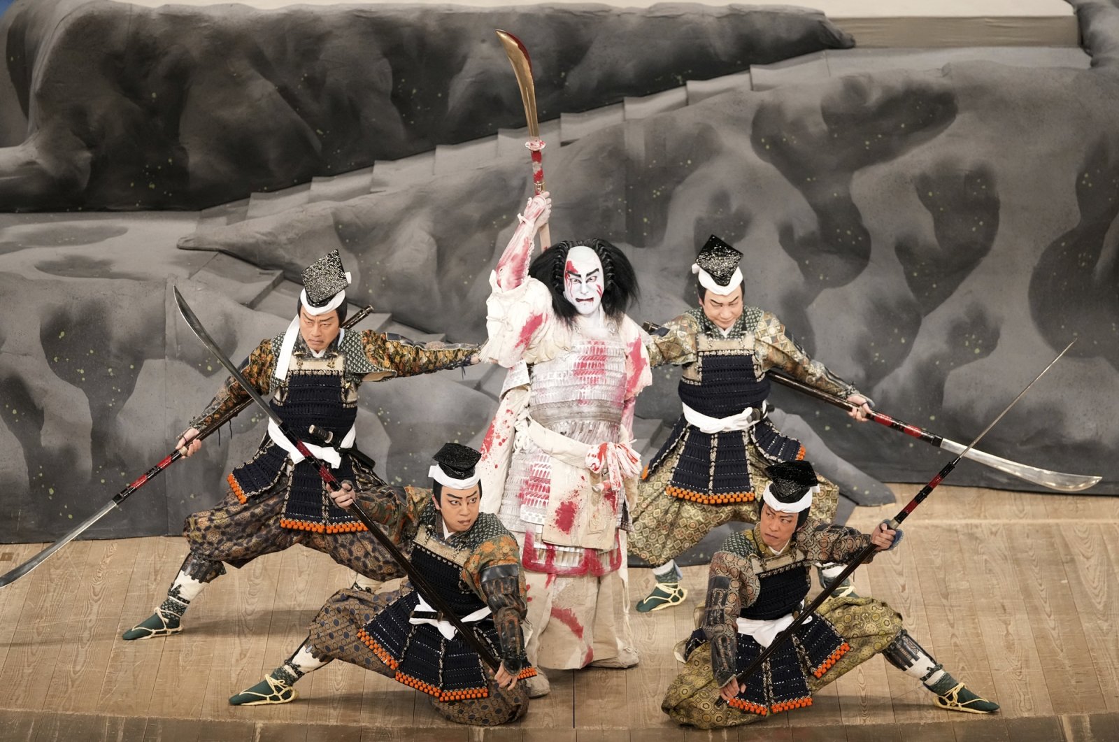 This photo provided by Shochiku shows Kabuki actor Danjuro Ichikawa playing Tomomori, a warrior who is defeated in battle, in “Hoshiawase Jusandan” at the Kabukiza Theater, Tokyo, Japan, July 1, 2024. (AP Photo)