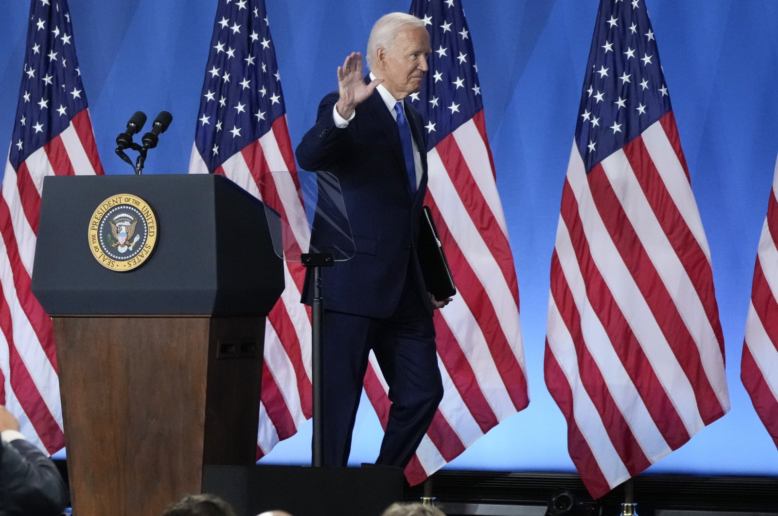 President Joe Biden walks from the podium after a news conference, on the final day of the NATO summit in Washington, U.S., July 11, 2024. (AP Photo)