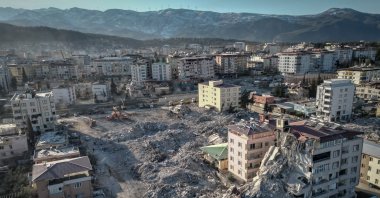 An aerial view of buildings destroyed by a 7.8 magnitude earthquake on Feb. 6, 2023, near Gaziantep, southern Türkiye, Feb. 13, 2023. (Getty Images Photo)