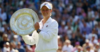 Czech Republic's Barbora Krejcikova poses with the Wimbledon women's final title, London, U.K., July 13, 2024.