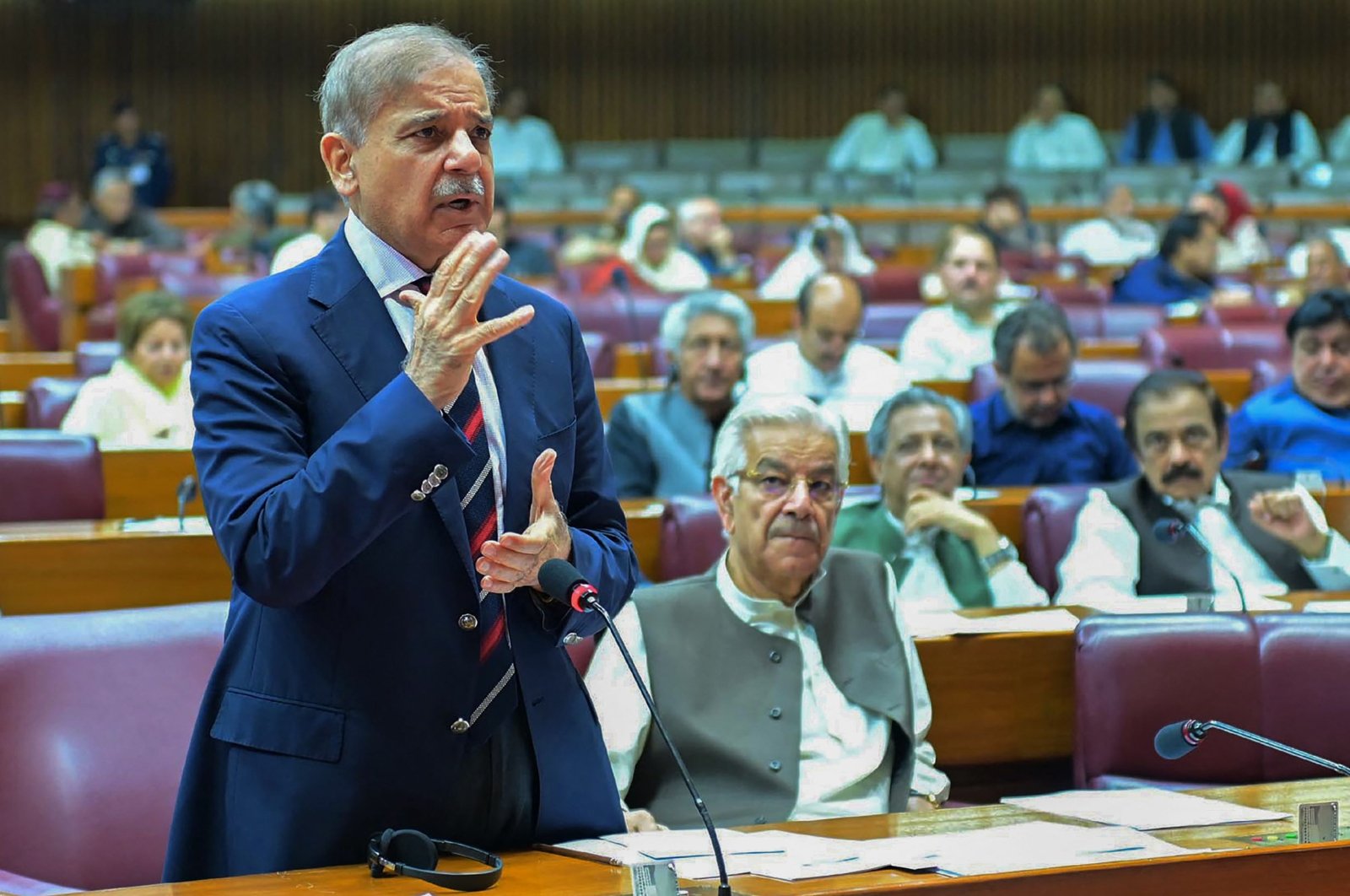 This handout photograph from Pakistan&#039;s Press Information Department (PID) shows Pakistani Prime Minister Shahbaz Sharif (L) speaking during the budget session at the National Assembly, Islamabad, Pakistan, June 28, 2024. (AFP Photo)