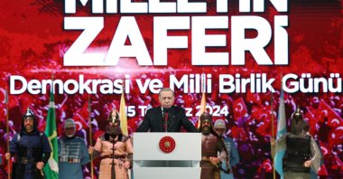 President Recep Tayyip Erdoğan speaks at a ceremony to commemorate the martyrs and victory of July 15 failed coup attempt at the Presidential Complex, Ankara, Türkiye, July 15, 2024. (IHA Photo)
