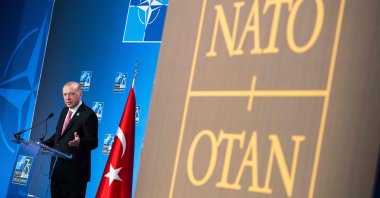 President Recep Tayyip Erdoğan speaks during a press conference on the sidelines of the NATO 75th anniversary summit, Washington, D.C., U.S., July 11, 2024. (AFP Photo)