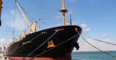 Greek-flagged bulk cargo vessel Sea Champion is docked to the port of Aden, Yemen to which it arrived after being attacked in the Red Sea in what appears to have been a mistaken missile strike by Houthi rebels, Feb. 21, 2024. (Reuters Photo)