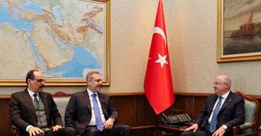 Defense Minister Yaşar Güler (R) hosts Foreign Minister Hakan Fidan (C) and National Intelligence Organization (MIT) chief Ibrahim Kalın, Ankara, Türkiye, March 11, 2024. (AA Photo)