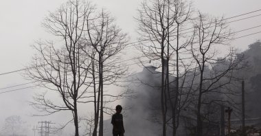A boy walks past smoke rising from an industrial site on the outskirts of Gauhati, India, Feb. 5, 2010. (AP Photo)